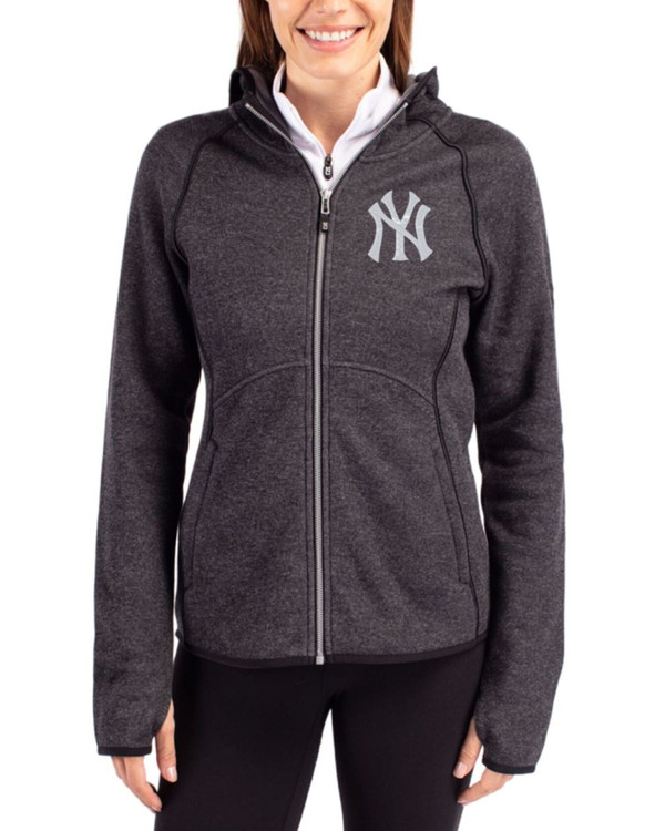 Women's New York Yankees Cutter & Buck Charcoal Heather Mainsail Sweater-Knit Full Zip Hooded Jacket