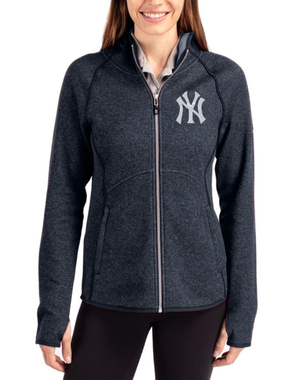 Women's New York Yankees Cutter & Buck Liberty Navy Heather Mainsail Sweater-Knit Full Zip Hooded Jacket