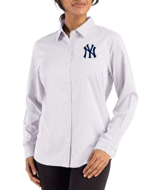 Women's New York Yankees Cutter & Buck Concrete/White Skyline Gingham Long Sleeve Spread Collar Dress Shirt