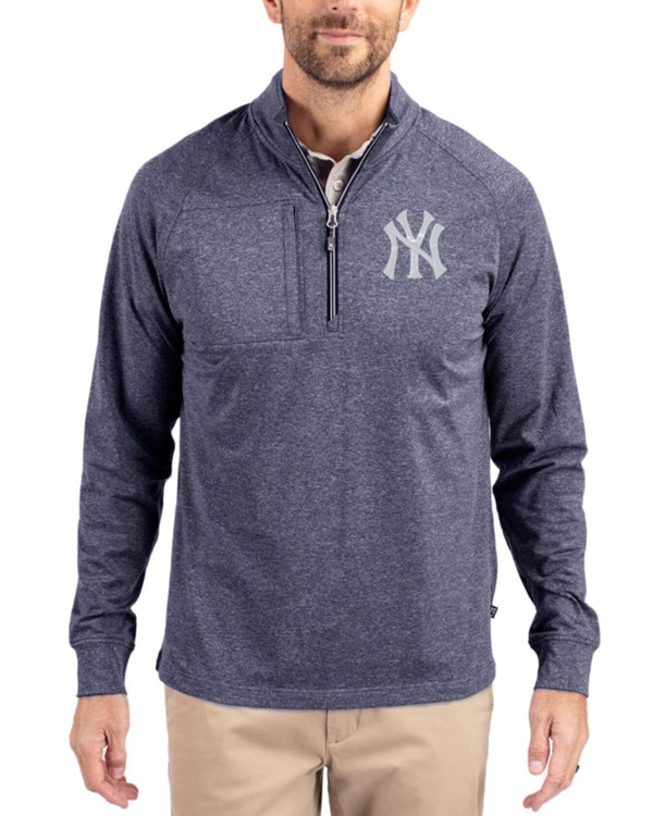 Men's New York Yankees Cutter & Buck Navy Blue Heather Adapt Soft Knit Stretch Big & Tall Heathered Quarter Zip Pullover