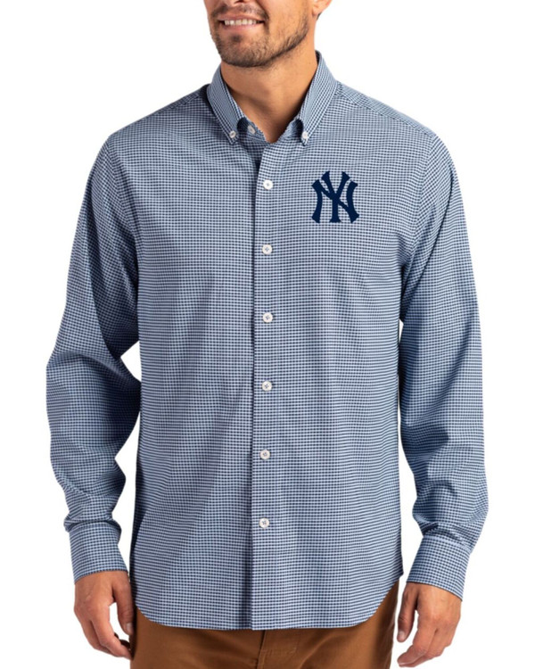 Men's New York Yankees Cutter & Buck Pale Blue/Navy Blue Skyline Gingham Big & Tall Long Sleeve Button Down Dress Shirt