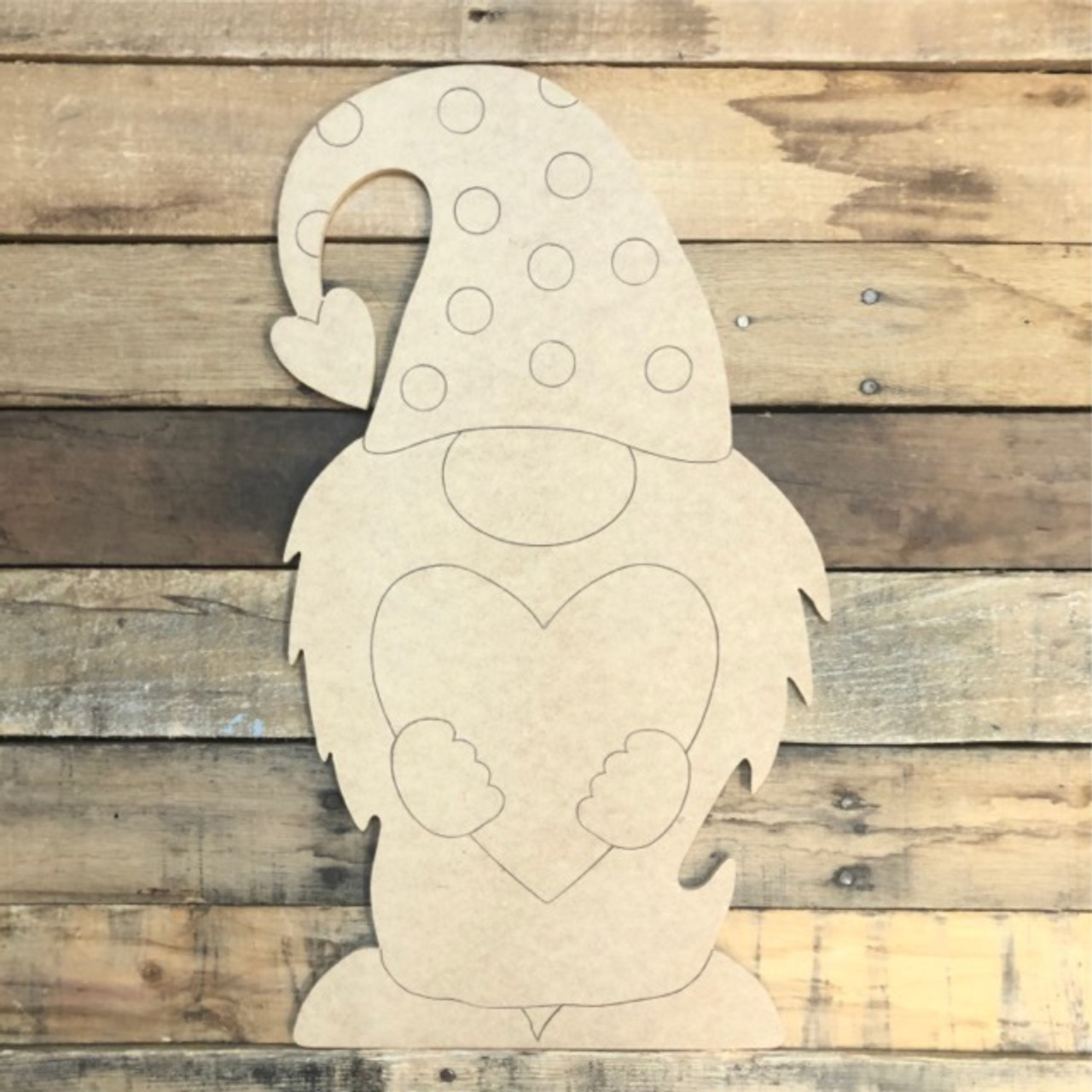 Gnome with Heart Wood Cutout, Unfinished Shape, Paint by Line