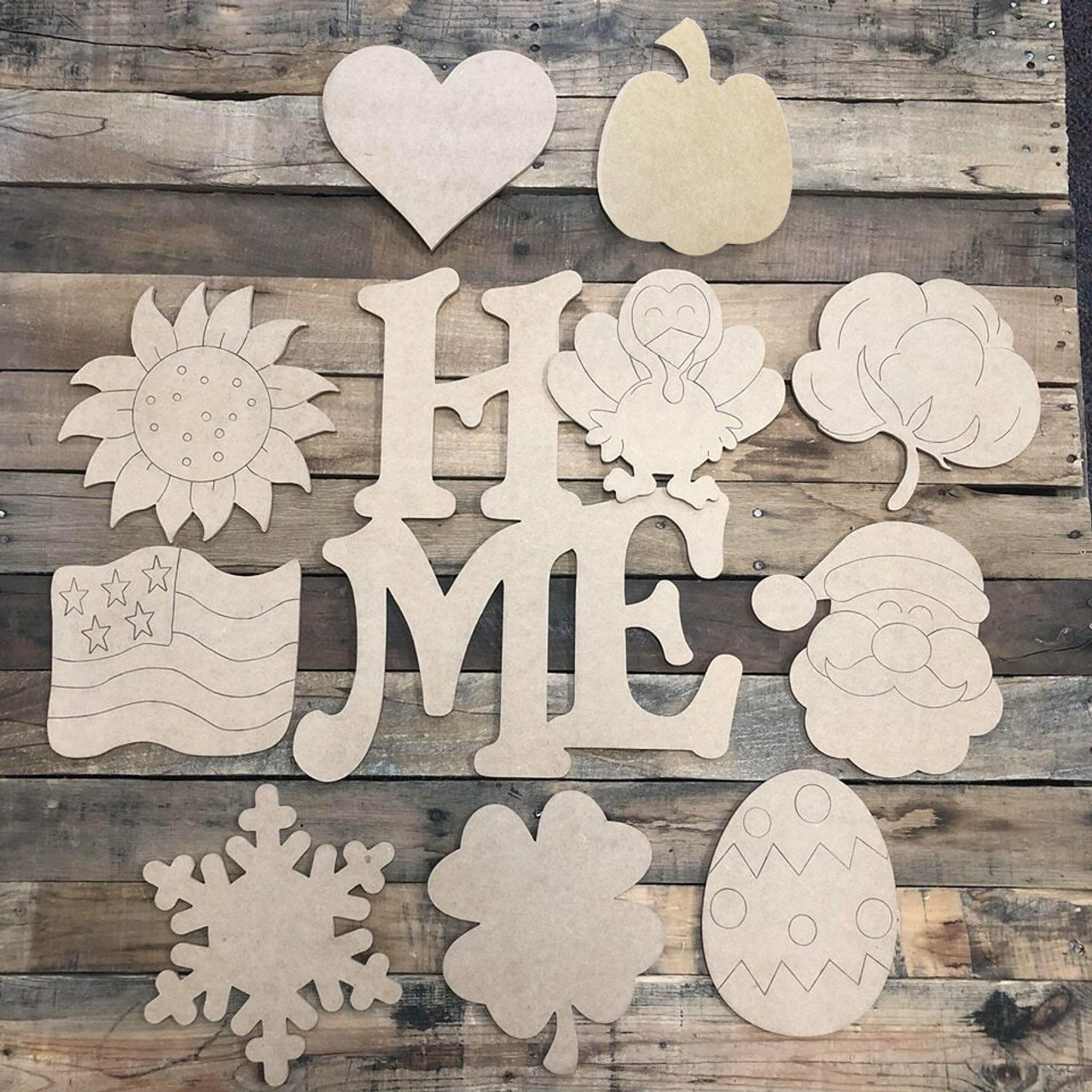 HOME Seasonal Set Wood Cutout, Unfinished Shape, Paint by Line