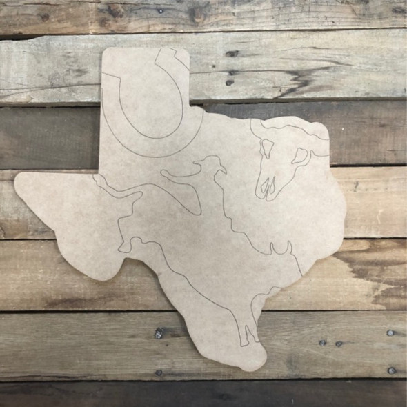 Texas with Bull Rider, Wood Cutout, Shape Paint by Line