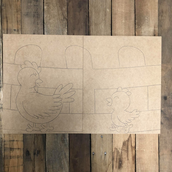 Chicken Painting for Two, Unfinished Wood Painting, Paint by Line