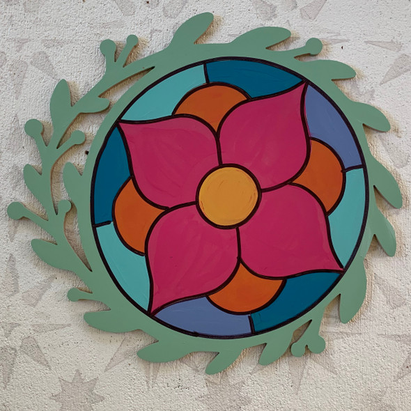 Hibiscus Flower Stain Glass In Wreath, Unfinished Shape, Paint by Line