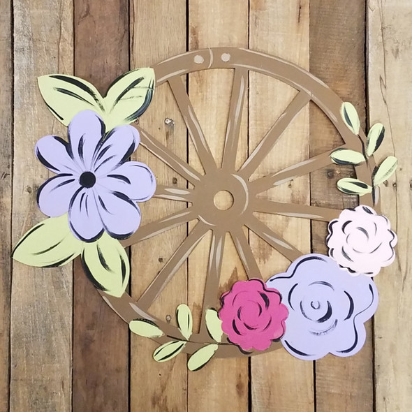 Wagon Wheel With Flowers Cutout, Unfinished, Paint by Line