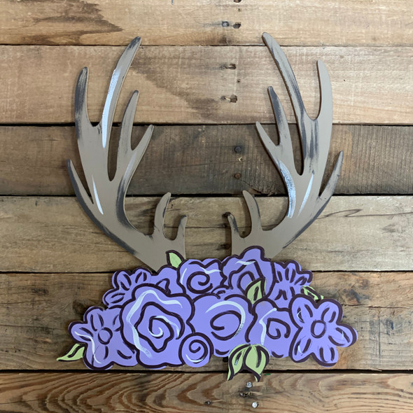 Deer Antler Rack with Floral Cluster, Wood Cutout, Paint by Line