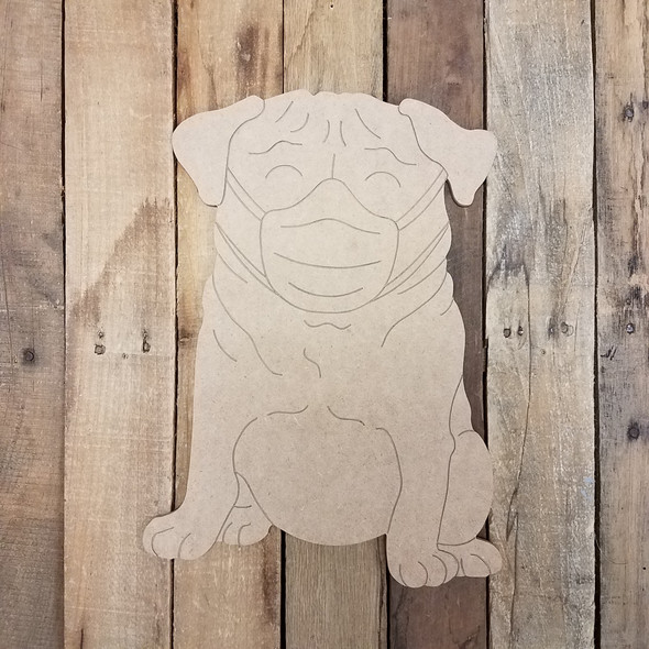 Pug Dog Wearing Mask, Wood Cutout, Shape, Paint by Line