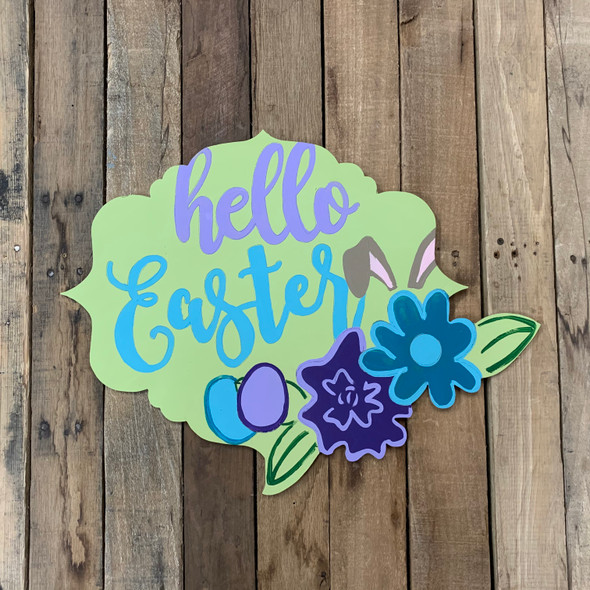 Hello Easter Fancy Floral Plaque, Wood Cutout, Paint by Line