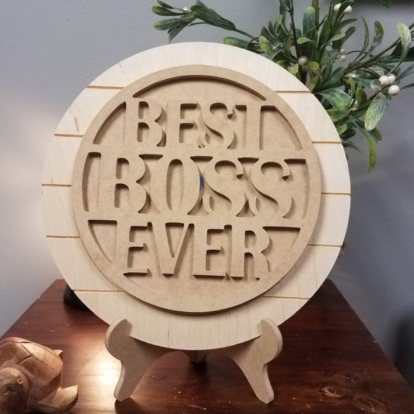 Best Boss Ever Unfinished Stackable Circle Easel Kit, Engraved DIY Craft Decor Set
