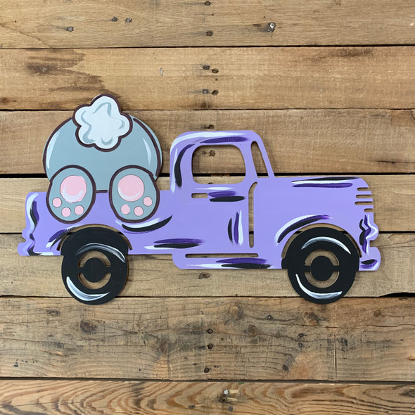 Bunny Climbing in Antique Truck, Paint by Line Unfinished Wood Shape