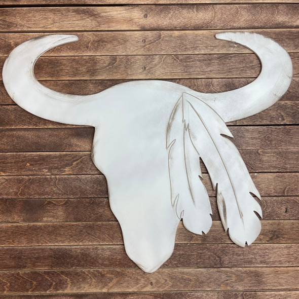 Cattle Skull With Feather, Paint By Line, Wood Craft Cutout