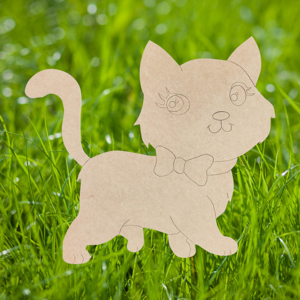 Fluffy Cat with Bow Tied Around Neck, Kids Craft Shape Line, Unfinished Craft Shape