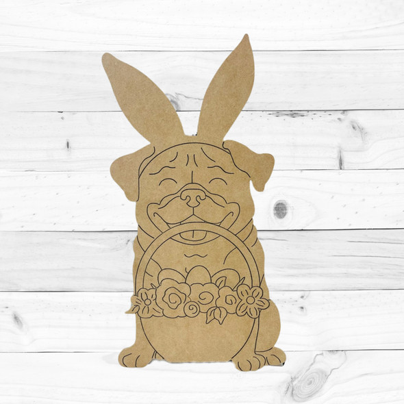 Unfinished pug with bunny ears