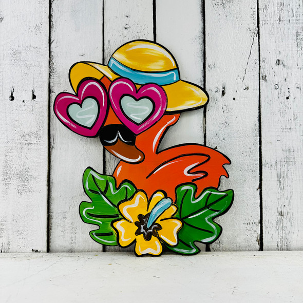 Flamingo with Heart glasses and sun hat, Cartoon Shape, Paint By Line MDF Wooden Craft, Unfinished Craft