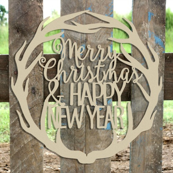 Merry Christmas & Happy New Year Antler Wreath Wooden (MDF) Cutout - Unfinished  DIY Craft