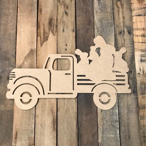 Truck with Bunnies Cutout Unfinished Wooden Cutout Craft