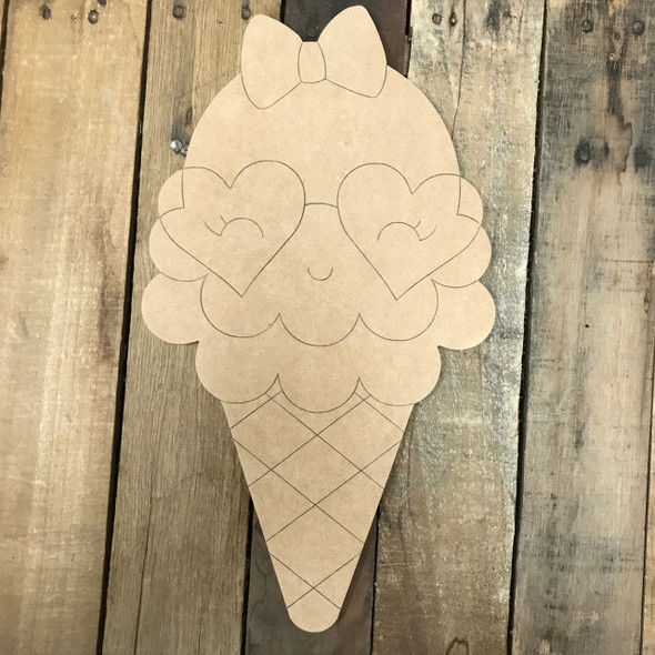 Happy Ice Cream Cone, Unfinished Wooden Cutout Craft, Paint by Line
