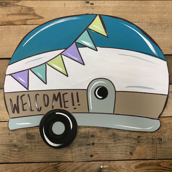 Camper with Flags, Unfinished Wooden Cutout Craft, Paint by Line