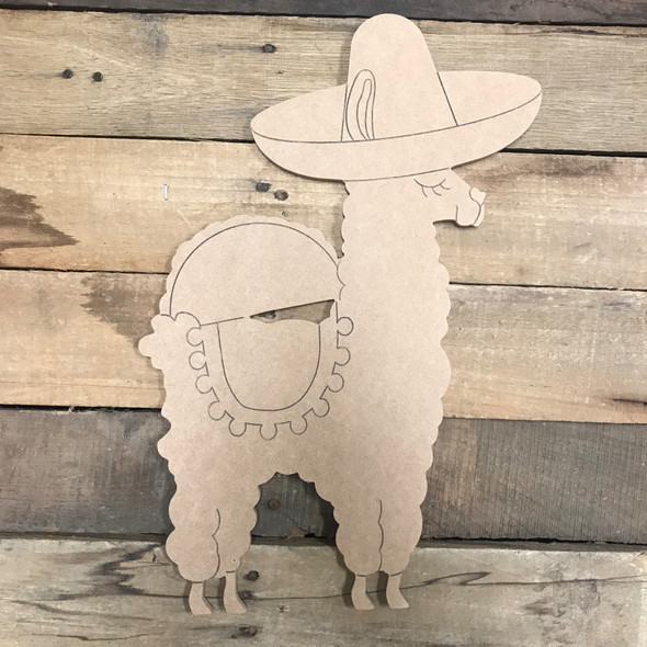 Fiesta Llama, Unfinished Wood Cutout, Paint by Line