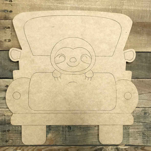 Sloth Truck  Wood Cutout, Unfinished Craft, Paint by Line