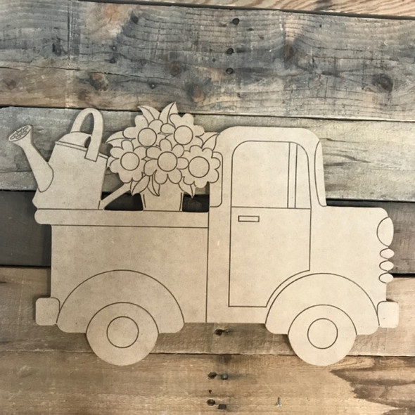 Truck with Flowers and Flower Pot Cutout, Unfinished, Paint by Line