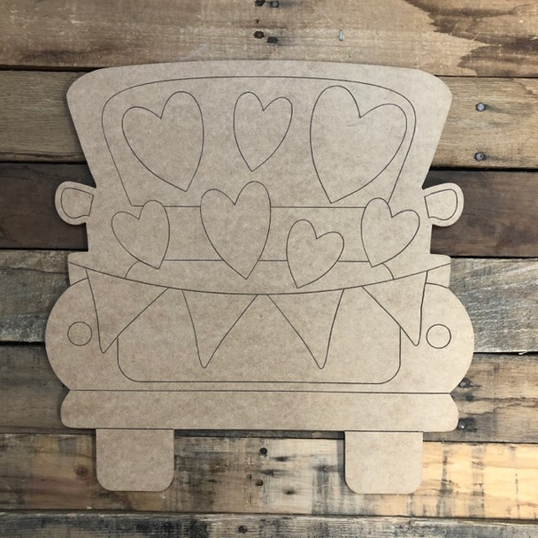 Truck Full of Hearts, Wood Cutout, Shape, Paint by Line