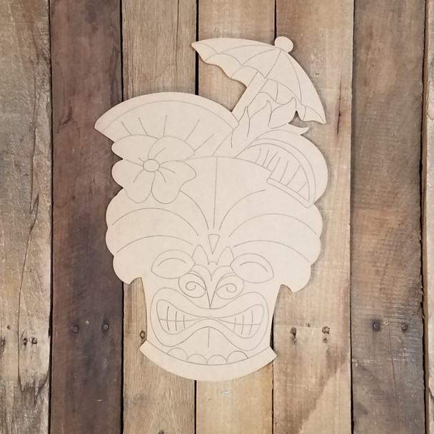 TIki Carving Tropical Drink With Umbrella Wood Shape, Paint by Line