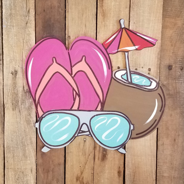 Flip Flops Drink and Shades Cutout Wood Shape, Paint by Line