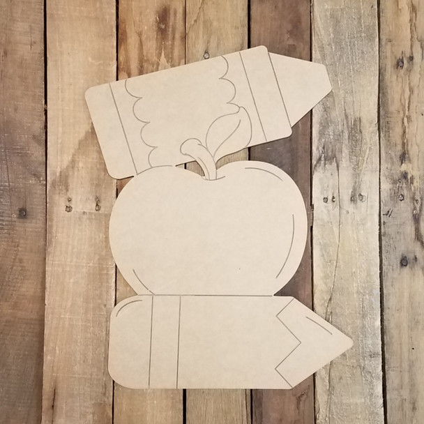 Apple and Pencils Cutout, Wood Shape, Back to School Paint by Line