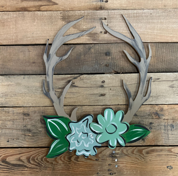 Deer Antler Rack with Flowers Wood Cutout, Paint by Line