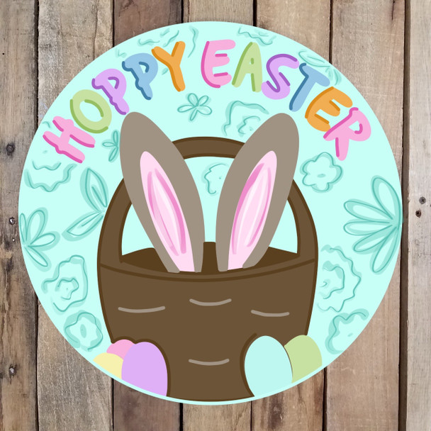 Hoppy Easter Bunny in Basket Circle,  Wood Cutout, Shape, Paint by Line