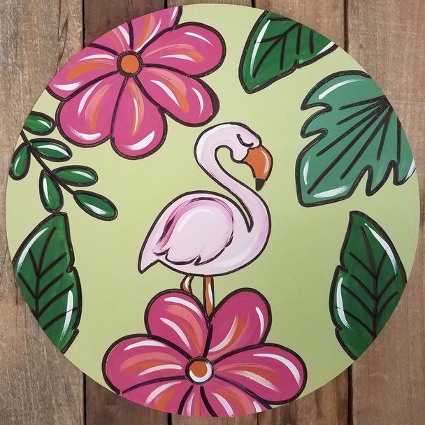 Flamingo and Flowers Circle, Unfinished Shape, Paint by Line