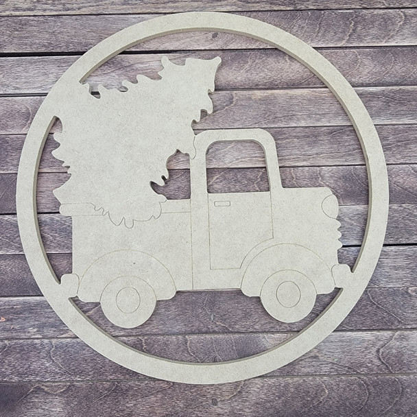 Retro Truck With Tree Circle, Engraved DIY Craft Shape