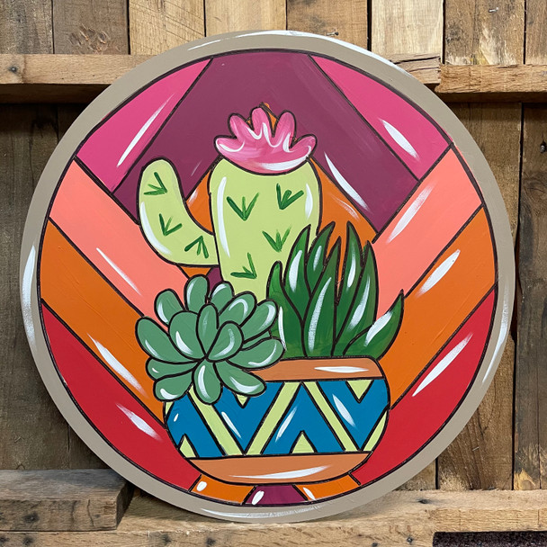Cactus & Succulent Flowers Circle, Boho Style Paint by Line Unfinished Wood Shape