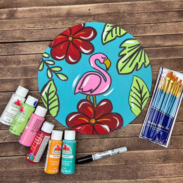 Flamingo Circle Paint Kit, DIY Wood Cutout, Video Tutorial and Instructions