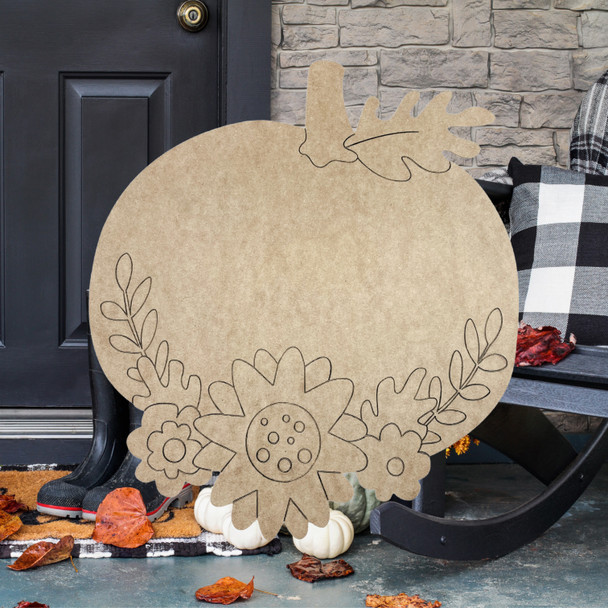 Fall Pumpkin with Decorative Fall Flowers Wooden Shape, Paint by Line ,Wood Craft Cutout