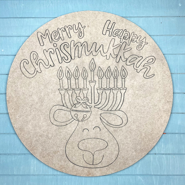 Round Merry Happy Chrismakkuh Reindeer with Menorah Antlers, Paint by Line, Christmas Craft Shape, Hanukkah