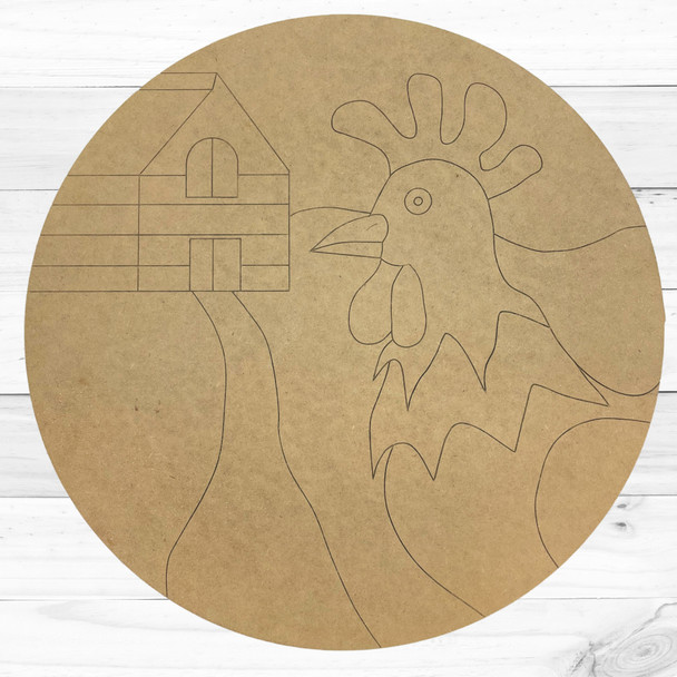 Chicken & Barn Round, Kids Engraved Wall Sign, Summer Craft Shape, Unfinished Craft Shape