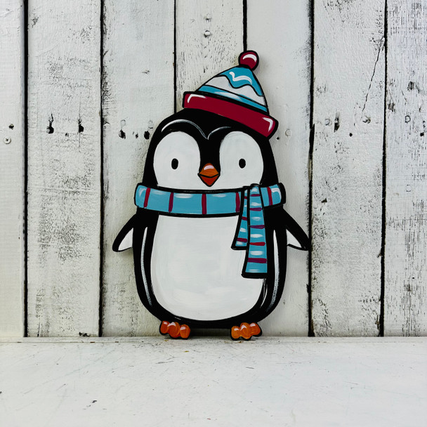 Penguin with hat and scarf, Winter Shape, Unfinished Wood Cutout, Paint by Line