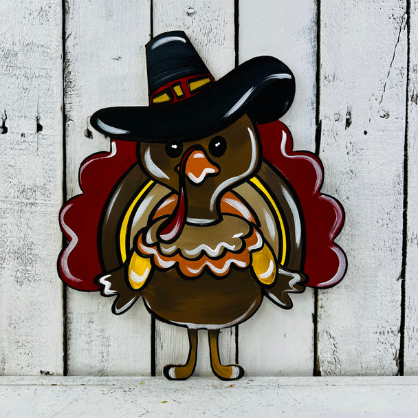 Turkey with Pilgrim Hat, Thanksgiving Shape, Unfinished Wood Cutout, Paint by Line
