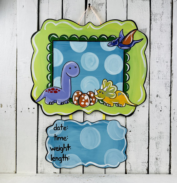 Baby Dinos Birth Announcement with Plaque, Baby Announcement, Paint by Line