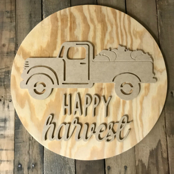 Happy Harvest, Vintage Pumpkin Truck Door Hanger, Unfinished 18" Pine Circle Sign Kit