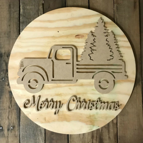 Merry Christmas, Vintage Truck Door Hanger, Unfinished 18" Pine Circle Kit