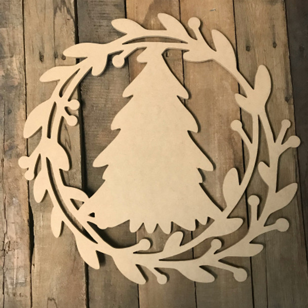 Holly Wreath with Christmas Tree  (MDF) Cutout - Unfinished DIY Craft