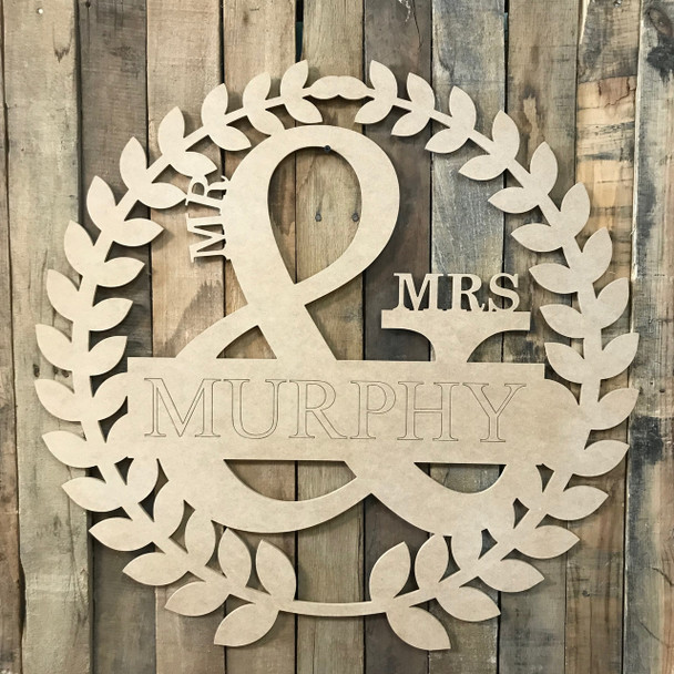 Custom Engraved Name Roman Wreath - Mr & Mrs 2, Unfinished Cutout