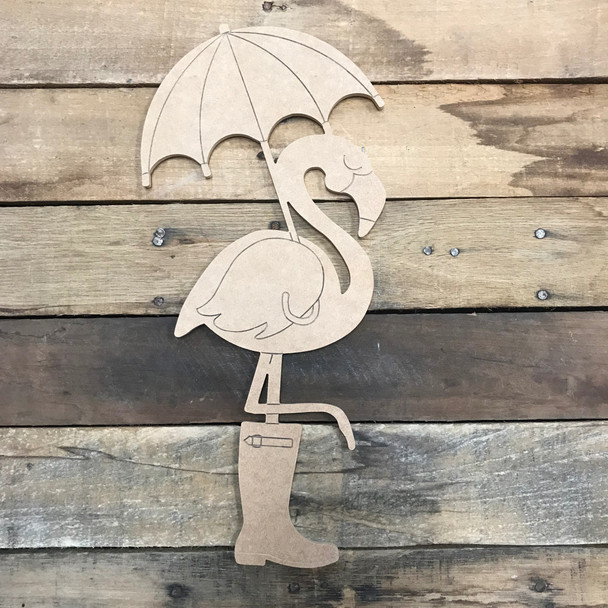 Flamingo with Umbrella and Boot, Unfinished Wooden Craft, Paint by Line