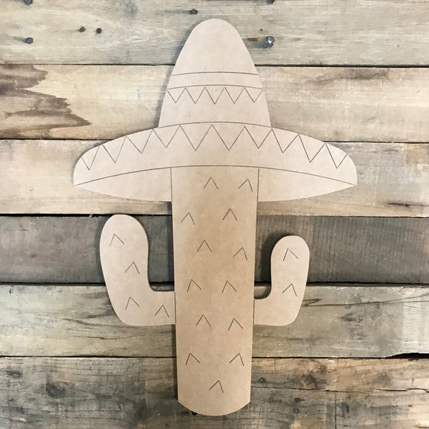 Cactus with Sombrero, Unfinished Wood Cutout, Paint by Line