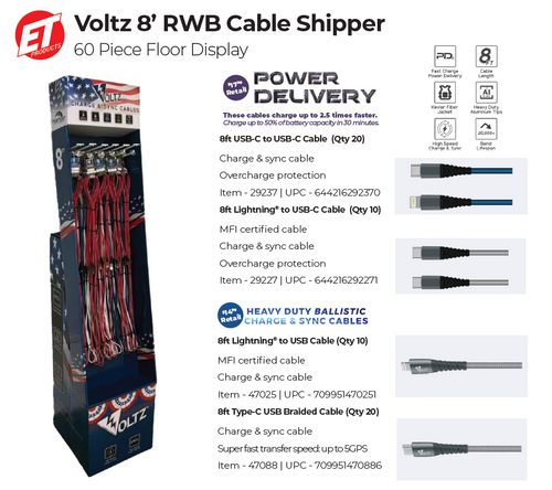 Voltz 8' Cables RWB Shipper - 60ct